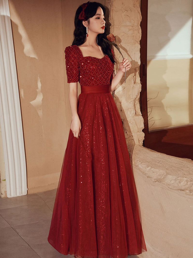 Burgundy Aline Beading Long Prom Dress, Burgundy Tulle Formal Dress –  shopluu