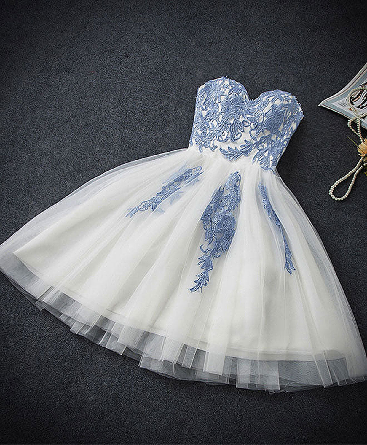 Cute Blue Sweetheart Neck Tulle Lace Short Prom Dress, Blue Homecoming Dress US 16 / White/Blue Cute Blue Sweetheart Neck Tulle Lace Short Prom Dress, Blue Homecoming Dress US 16 / White/Blue