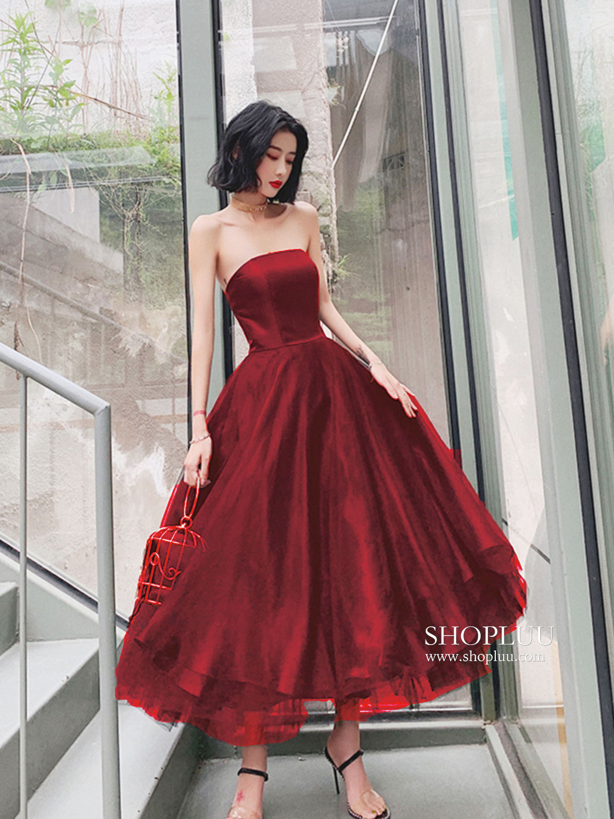 Simple Blue Tulle Tea Length Prom Dress, Tulle Homecoming Dresses