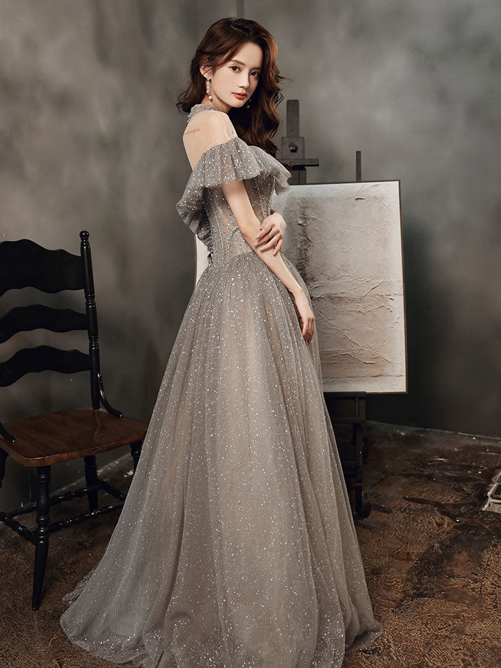 Gray High Neck Tulle Sequin Long Prom Dress Gray Formal Dress