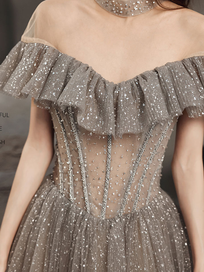 Gray High Neck Tulle Sequin Long Prom Dress Gray Formal Dress