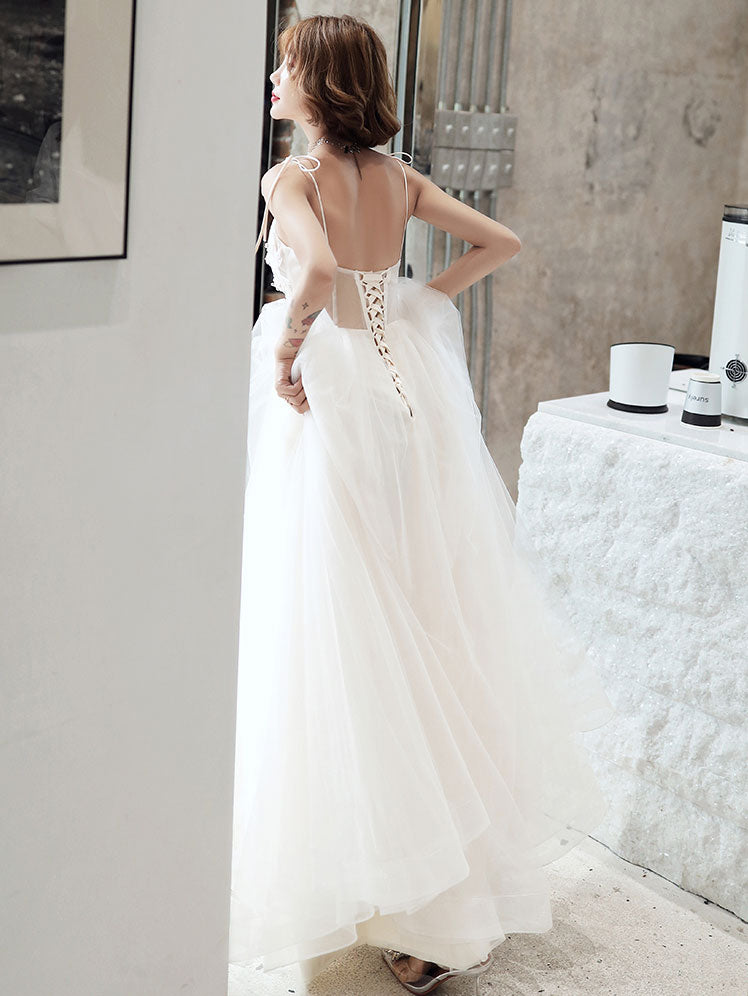 White V Neck Tulle Lace Long Prom Dress, White Evening Dress