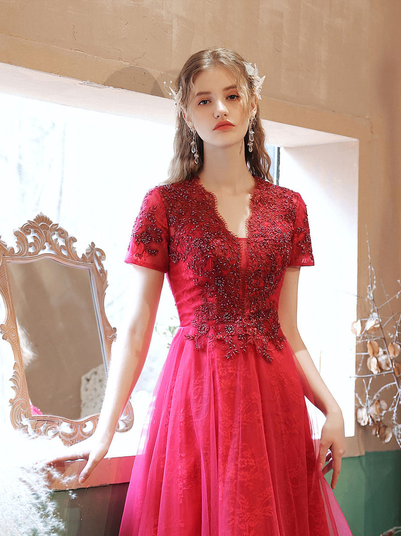 Burgundy V Neck Tulle Lace Beads Short Prom Dress, Burgundy Homecoming Dress Custom Size / Burgundy Burgundy V Neck Tulle Lace Beads Short Prom Dress, Burgundy Homecoming Dress Custom Size / Burgundy