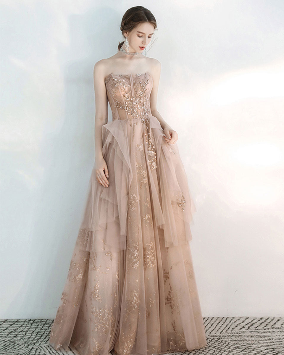 Champagne Sweetheart Tulle Lace Long Prom Dress, Sequin Formal Graduation Dress