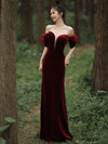 Burgundy Sweetheart Neck Mermaid Long Prom Dress, Velvet Bridesmaid Dress