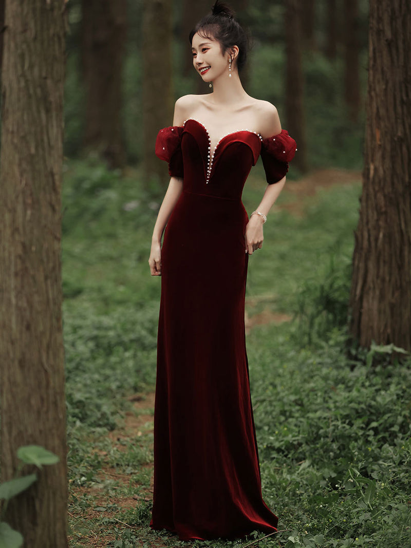 Burgundy Sweetheart Neck Mermaid Long Prom Dress, Velvet Bridesmaid Dress Custom Size / Custom Color Burgundy Sweetheart Neck Mermaid Long Prom Dress, Velvet Bridesmaid Dress Custom Size / Custom Color
