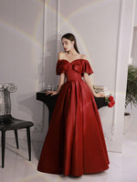 Simple Aline Burgundy Satin Long Prom Dress, Burgundy Evening Dress