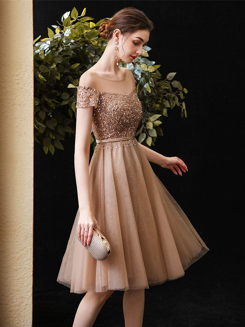 Champagne Round Neck Tulle Sequin Short Prom Dress Champagne Homecoming Dress US 8 / Custom Color Champagne Round Neck Tulle Sequin Short Prom Dress Champagne Homecoming Dress US 8 / Custom Color