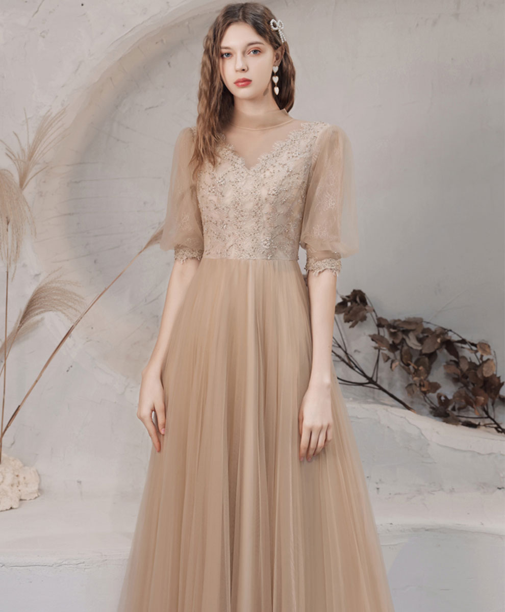 Champagne High Neck Tulle Lace Long Prom Dress, Champagne Graduation Dress