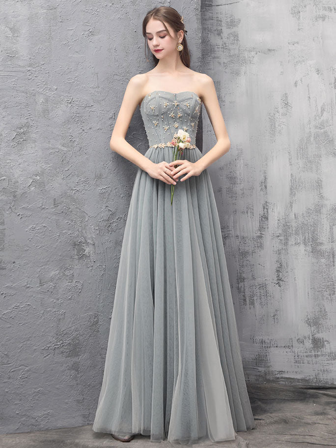 Gray A-line Tulle Long Prom Dress Gray A-line Formal Evening Dress US 4 / Custom Color