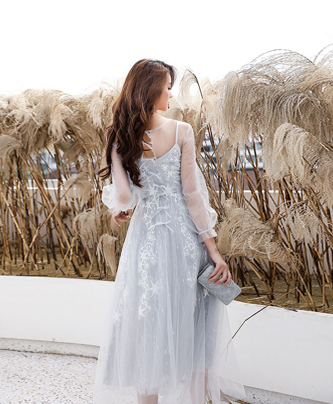 short gray lace dress Off Shoulder Short Grey Lace Prom Dresses, Grey Lace Formal Graduation Homecoming Dresses
