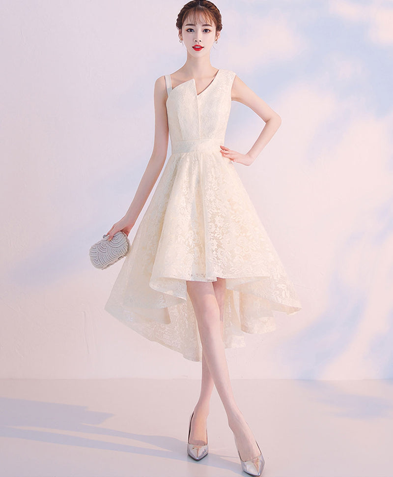 Champagne Lace High Low Prom Dress Lace Cocktail Dress, Cute Homecoming Dress