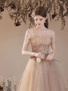 Champagne Tulle Long Prom Dress, Champagne A line Formal Dresses