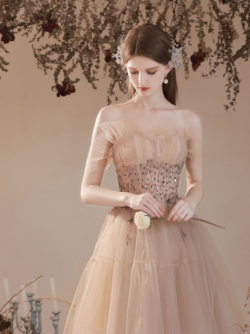 Champagne Tulle Long Prom Dress, Champagne A line Formal Dresses shopluu Champagne Tulle Long Prom Dress, Champagne A line Formal Dresses shopluu
