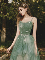 Green Tulle Lace Long Prom Dress, Green A line Formal Party Dress with Applique