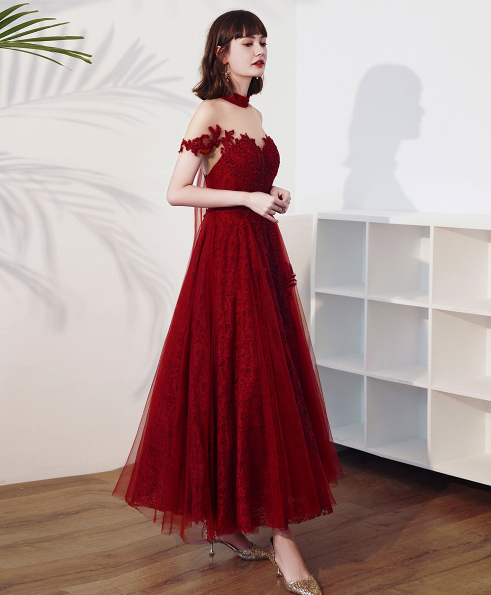 Burgundy High Neck Tulle Lace Tea Length Prom Dress, Lace Formal Evening Dress