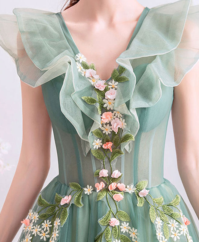 Green V Neck Tulle Lace Long Prom Dress, Green Evening Dress