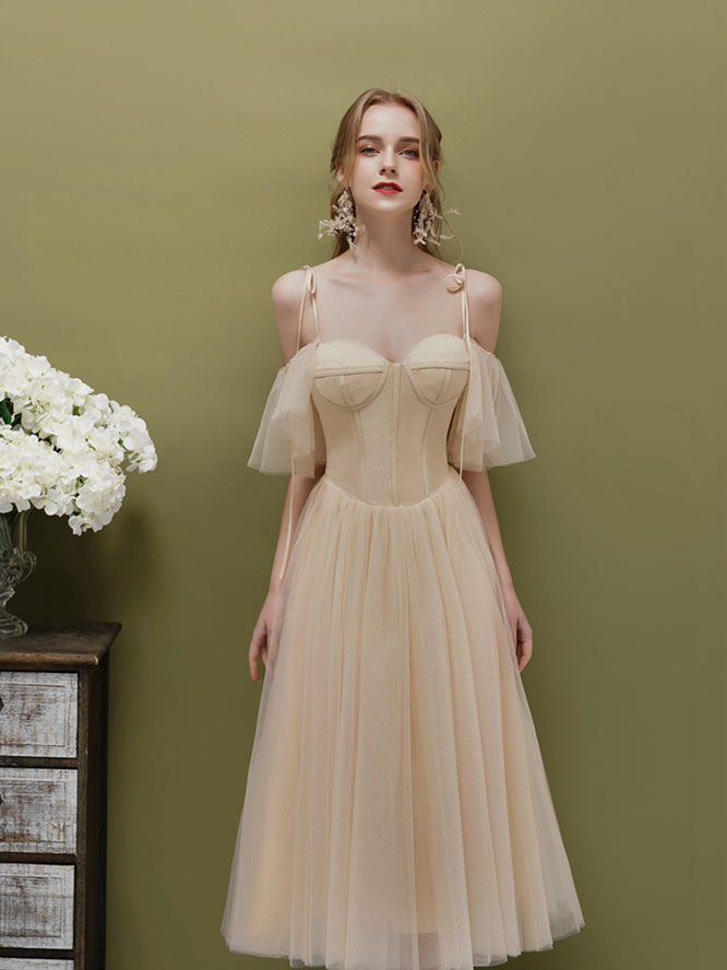 Simple A-line Champagne Tulle Short Prom Dress, Champagne HDRomecoming dress