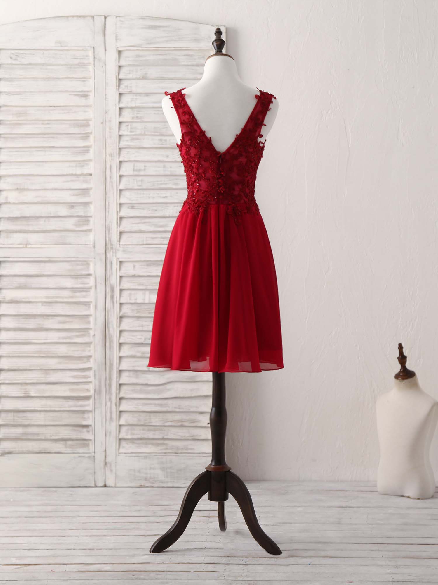 chiffon and lace mini dress Burgundy Chiffon Lace Short Prom Dress Burgundy Homecoming Dress US 12 / Custom Color