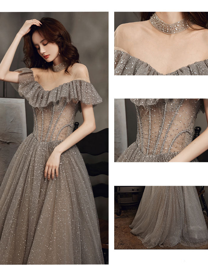 Gray High Neck Tulle Sequin Long Prom Dress Gray Formal Dress