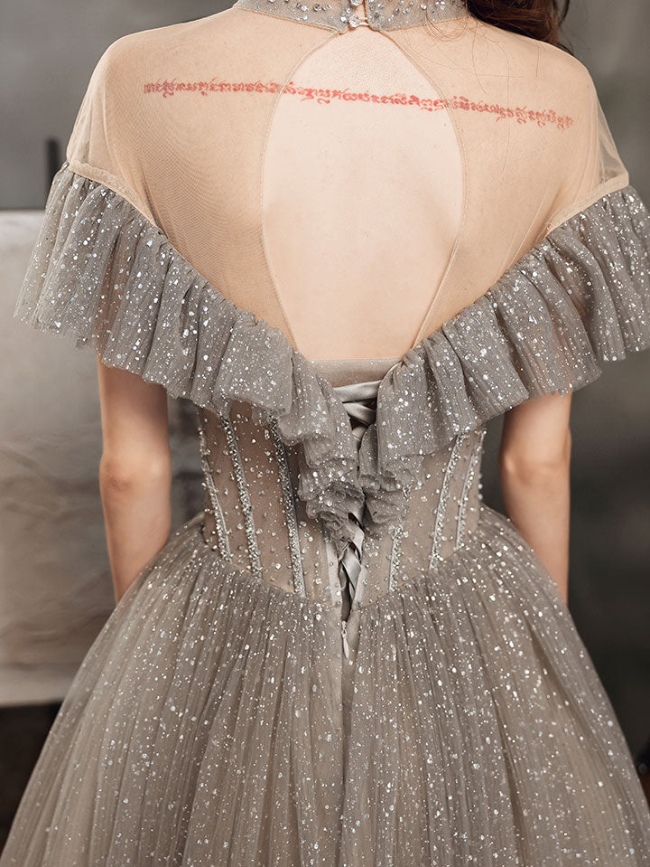 Gray High Neck Tulle Sequin Long Prom Dress Gray Formal Dress