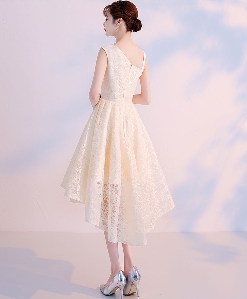 Champagne Lace High Low Prom Dress Lace Cocktail Dress, Cute Homecoming Dress