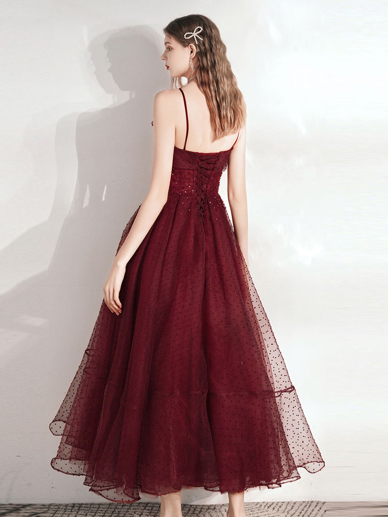 Aline Tea Length Burgundy Prom Dress, Burgundy Homecoming Dress
