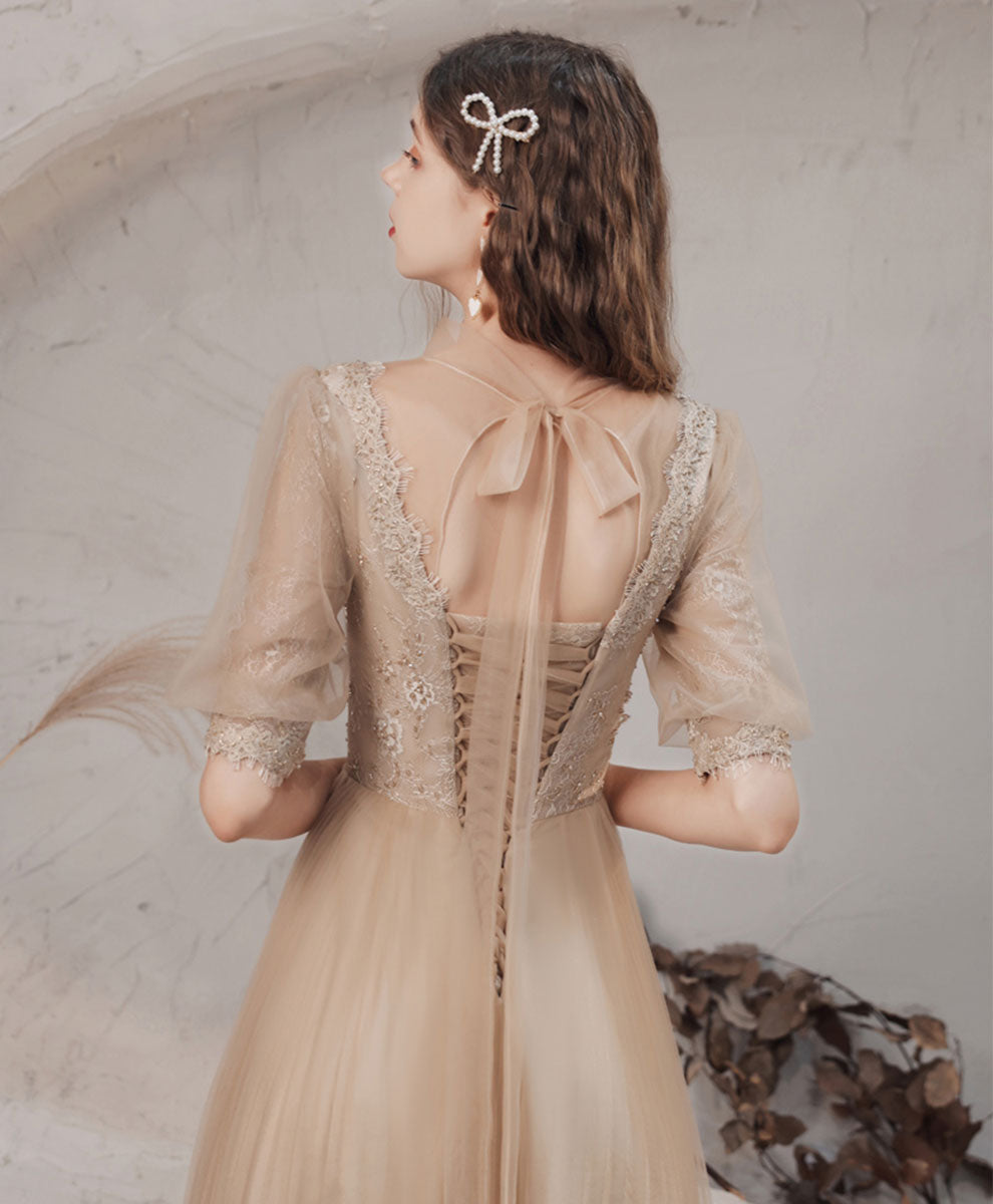 Champagne High Neck Tulle Lace Long Prom Dress, Champagne Graduation Dress