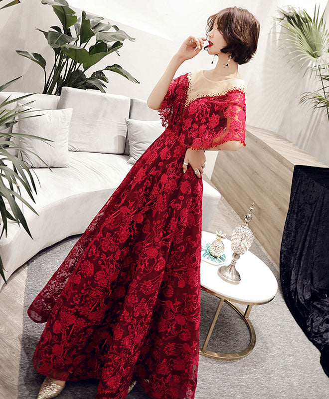 Burgundy Tulle Lace Long Prom Dress, Burgundy Lace Evening Dress – shopluu