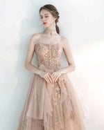 Champagne Sweetheart Tulle Lace Long Prom Dress, Sequin Formal Graduation Dress