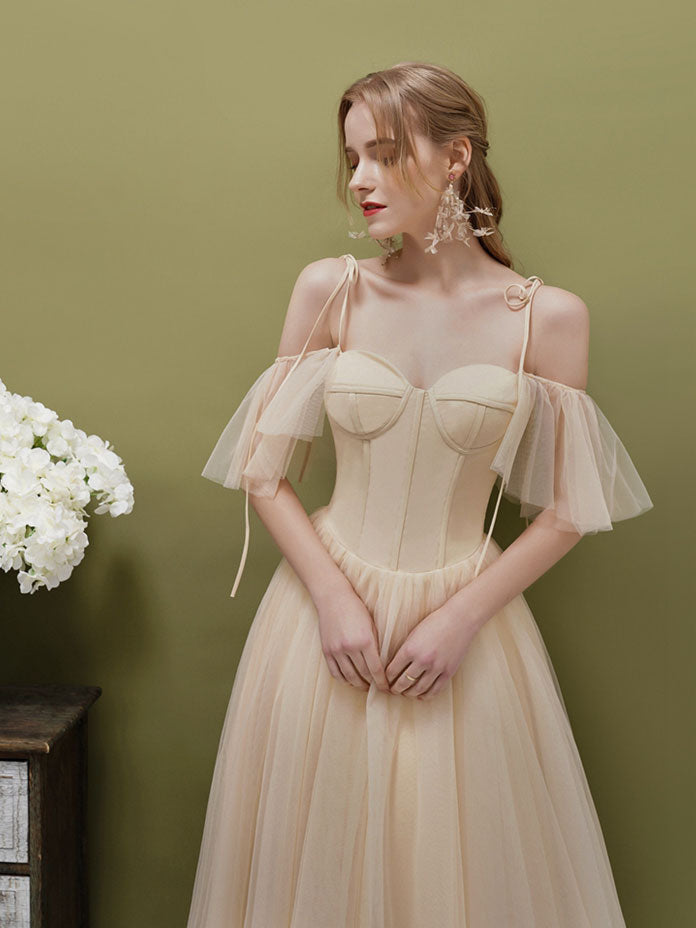 Simple A-line Champagne Tulle Short Prom Dress, Champagne HDRomecoming dress