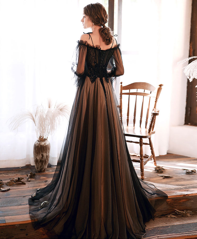 Black Tulle Lace Long Prom Dress Black Lace Evening Dress