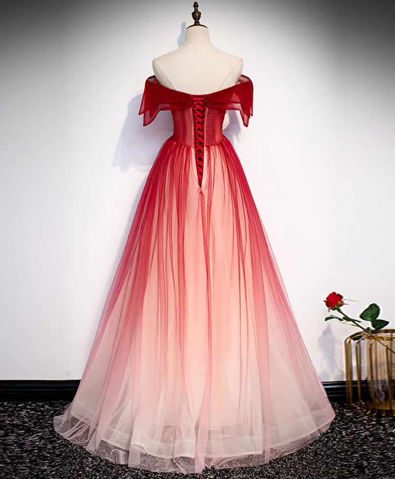 Burgundy Off Shoulder Tulle Long Prom Dress Burgundy Formal Dress