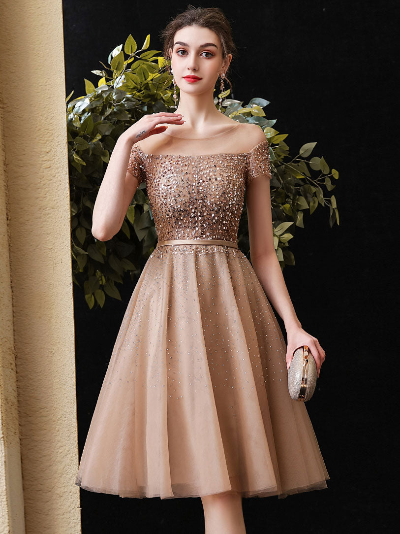 Champagne Round Neck Tulle Sequin Short Prom Dress Champagne Homecoming Dress US 8 / Custom Color