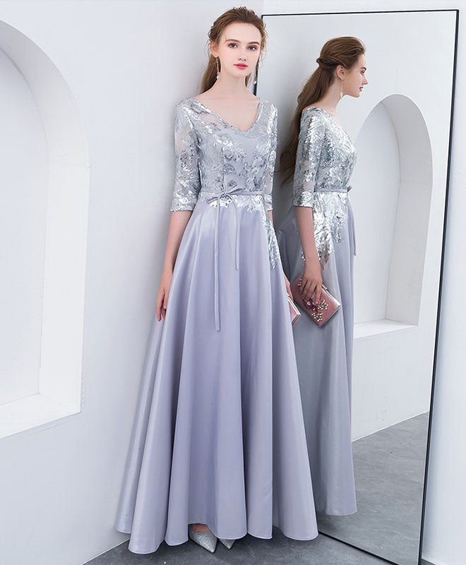 Gray V Neck Sequin Long Prom Dress, Gray Evening Dress