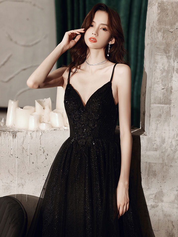 Black V Neck Tulle Lace Long Prom Dress Black Evening Dress