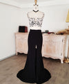 Black Lace Two Pieces Long Prom Dress, Black Evening Dress with Lace Beading
