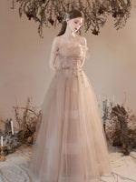 Champagne Tulle Long Prom Dress, Champagne A line Formal Dresses