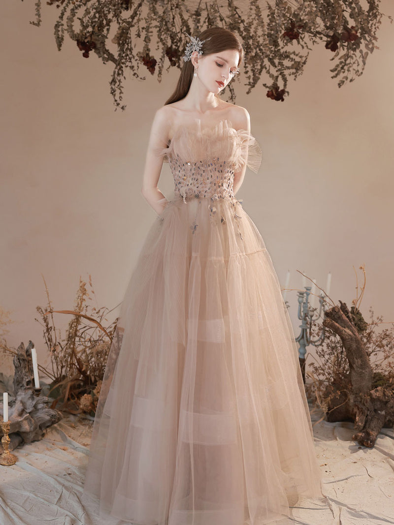 Champagne Tulle Long Prom Dress, Champagne A line Formal Dresses – shopluu