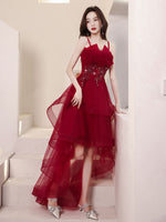 Tulle High Low Burgundy Prom Dress, Burgundy Homecoming Dress