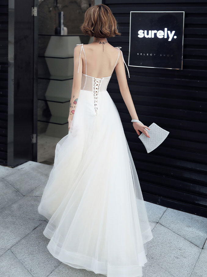 White V Neck Tulle Lace Long Prom Dress, White Evening Dress