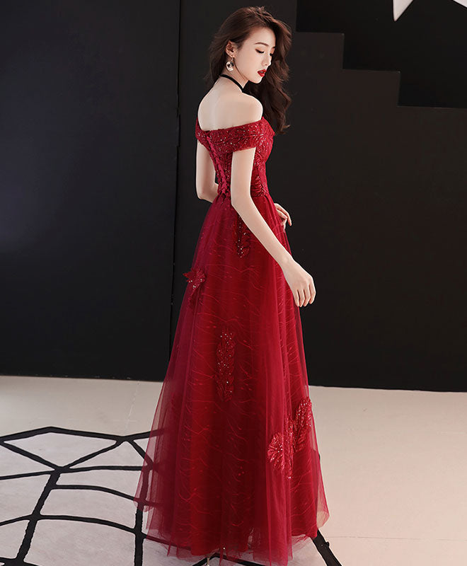 Burgundy Tulle Lace Off Shoulder Prom Dress, Burgundy Evening Dress ...