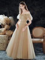 Simple Champagne Tulle Sequin Long Prom Dress, A Line Tulle Evening Dress