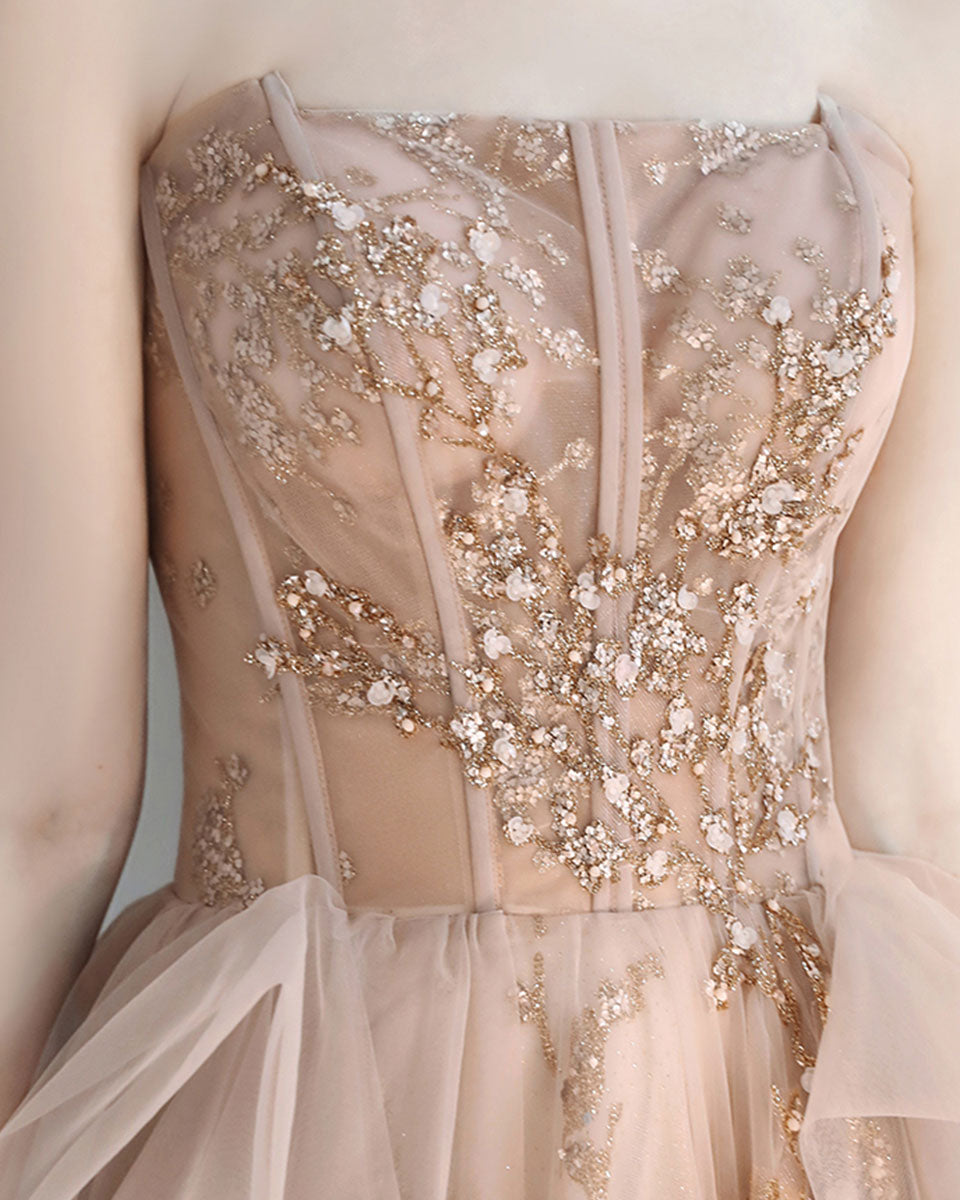 Champagne Sweetheart Tulle Lace Long Prom Dress, Sequin Formal Graduation Dress
