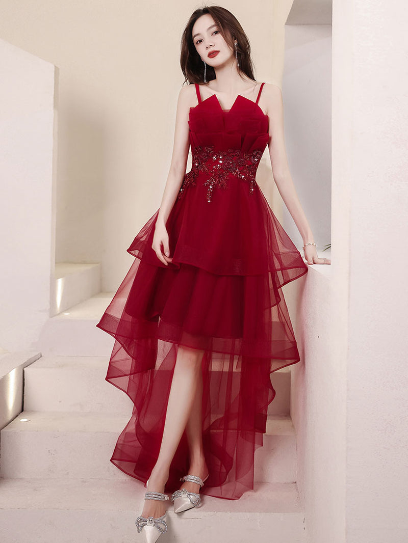 Tulle High Low Burgundy Prom Dress, Burgundy Homecoming Dress