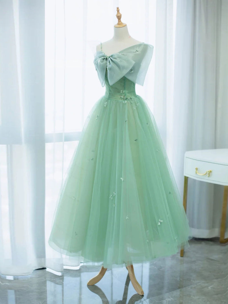 Simple Green Tulle Tea Length Prom Dress, Green Tulle Homecoming Dresses