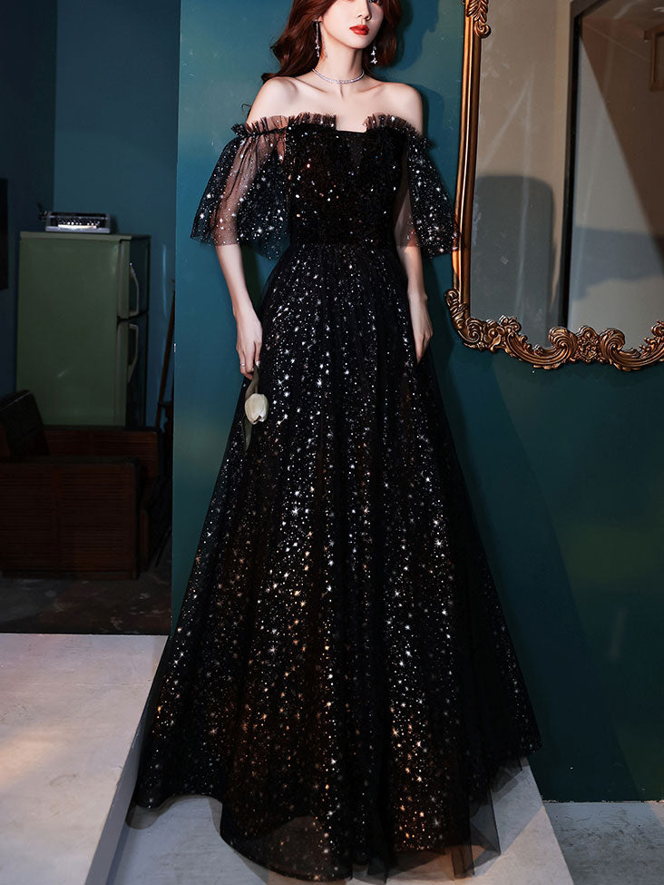 Black Tulle Off Shoulder Tulle Long Prom Dress Black Evening Dress