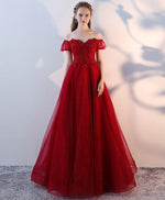 Burgundy Tulle Lace Long Prom Dress, Burgundy Lace Evening Dress