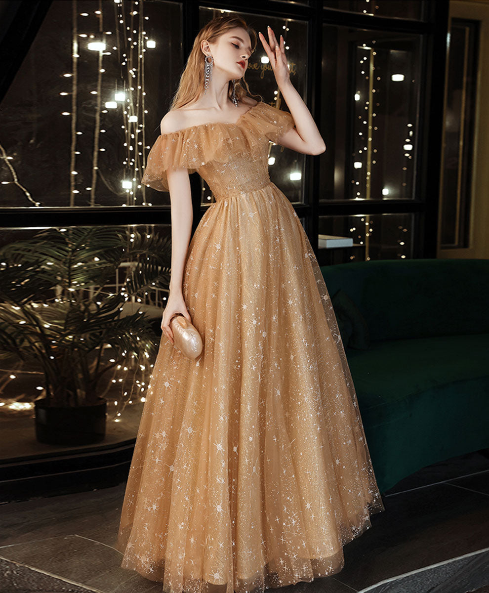 A-Line Tulle Gold/Blue Long Prom Dress, Blue Formal Evening Dress – shopluu