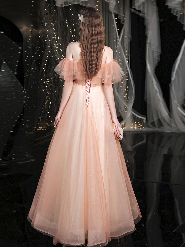 Champagne Sweetheart Neck Tulle Long Prom Dress, Tulle Formal Dress